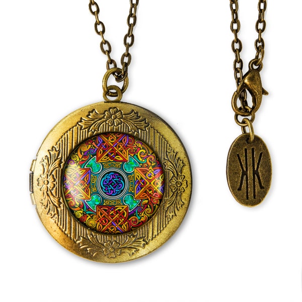 Antique Bronze Traditional Celtic Knot Stained Glass Design Keepsake Locket Necklace 325-BRLN + 24" Inch Chain