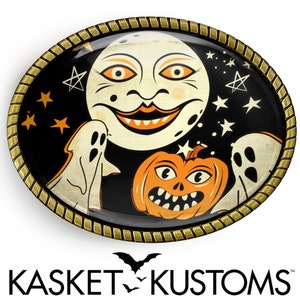 Fivela de cinto Ghosts n' Goblins – Fivela oval feita à mão com arte vintage de Halloween – 806
