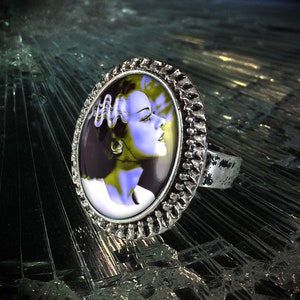 Antique Silver Gothic Bride of Frankenstein Adjustable Universal Horror Icon Ring