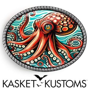 Boucle de ceinture Kraken colorée - Art de tatouage stylisé vibrant de pieuvre, argent ou or antique, boucle ovale faite main - 1023