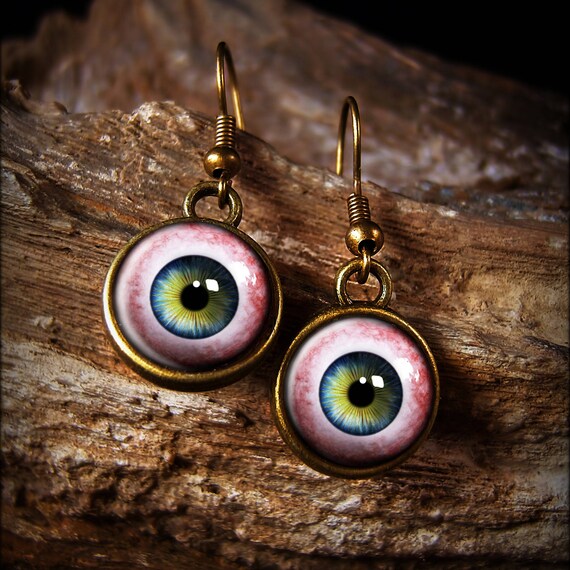 Small Glass Human Being Eyeballs Handmade Dangle Eyeball Iris Antique Bronze Halloween Oddity Fantasy Eye Earrings