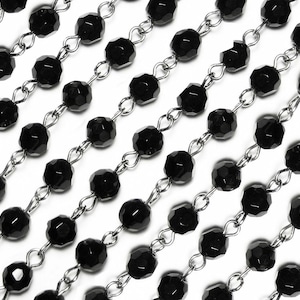 6mm 1&#39; Jet Black Rosary Beaded Chain Faceted Glass Beads Silver Jewelry Necklace Supply 1 foot