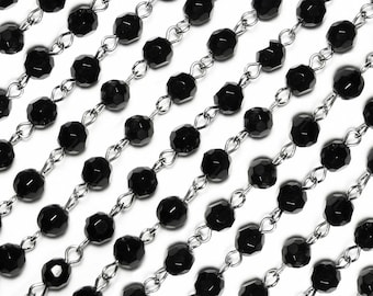 6mm 1' Jet Black Rosary Beaded Chain Faceted Glass Beads Silver Jewelry Necklace Supply 1 foot