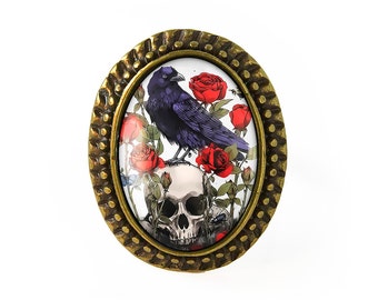 Gothique Memento Mori Skeleton Raven Crâne Red Rose vintage Art Nouveau Bijoux Réglable Antique Bronze Horror Punk Halloween Glass Ring