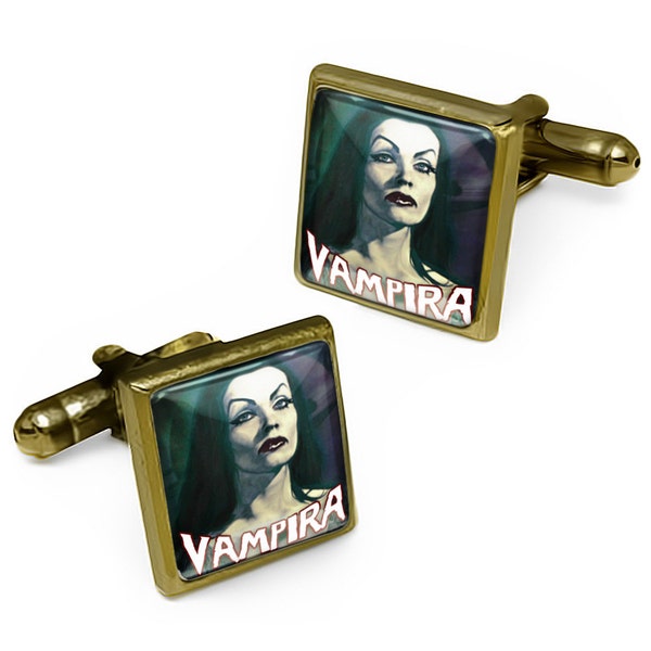 Antique Bronze Gothic Vampira Goddess of Horror Cufflink Set w/ Box 124-BSC