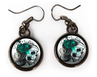 Day of the Dead Earrings - Sugar Skull Girl Halloween Small Earrings - 74