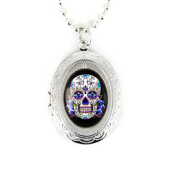 Silver Day of the Dead Blue Sugar Skull Glass Keepsake Locket Necklace 56-SLN + 24" Inch Chain