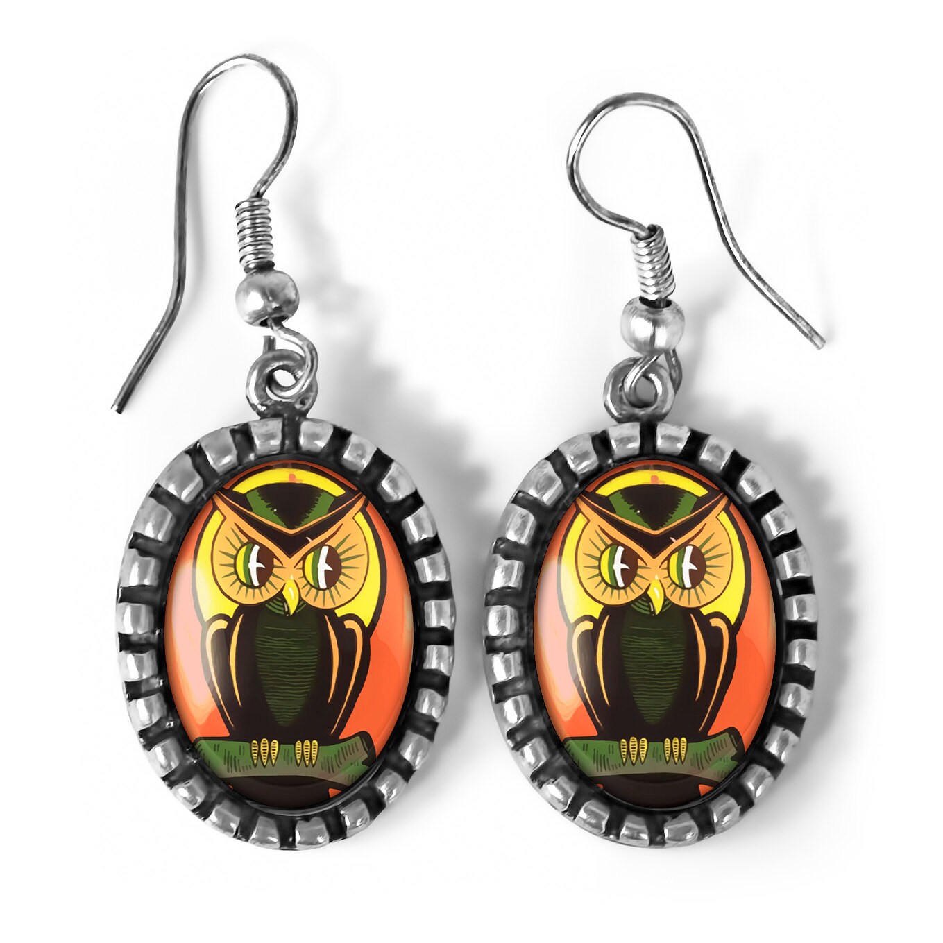 Retro Cartoon Owl Oval Antique Silver Glass Dangle Halloween Earrings 144-SOE