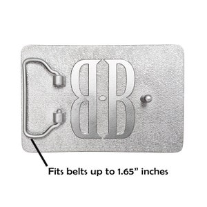 May include: Silver belt buckle with the letters "BB" engraved in a classic font. It fits belts up to 1.65 inches wide.