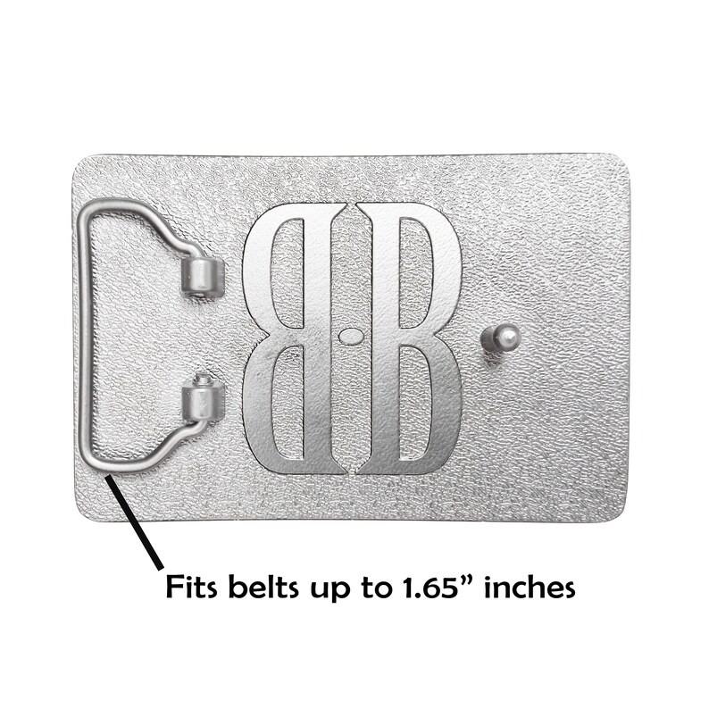 May include: Silver belt buckle with the letters "BB" engraved in a classic font. It fits belts up to 1.65 inches wide.
