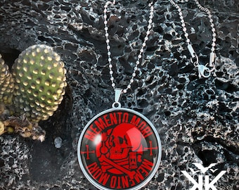Ciondolo Grande Memento Mori Rosso - Collana In Argento Fatto a Mano Teschio Alchimica Gotica - 134-3-SLRN