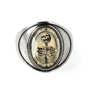 Memento Mori Gothic Victorian Mourning Skeleton Glass Antique Silver Horror Ring 131-SSOR