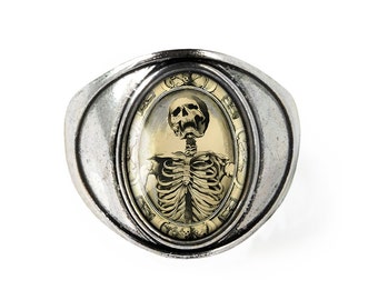 Memento Mori Gothic Victorian Mourning Skeleton Glass Antique Silver Horror Ring 131-SSOR