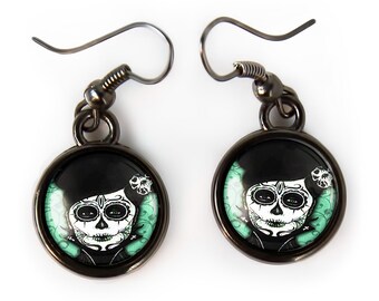 Victorian Day of the Dead Earrings - Sugar Skull Woman Horror Halloween Earrings - 70