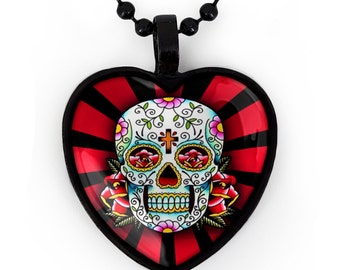 Jet Black Day of the Dead Sugar Skull Glass Heart Pendant Necklace 61-JBHN + 24" Inch Chain