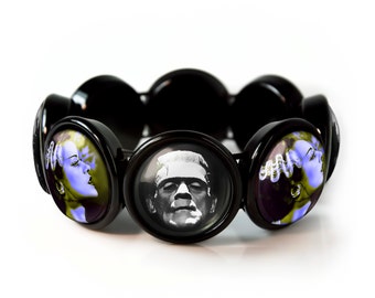 Jet Black Gothic Frankenstein and Bride Horror Icon Bangle Charm Bracelet JBRBB-4