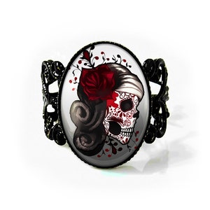 Jet Black Day of the Dead Sugar Skull Girl Adjustable Filigree Ring 73-JBFR