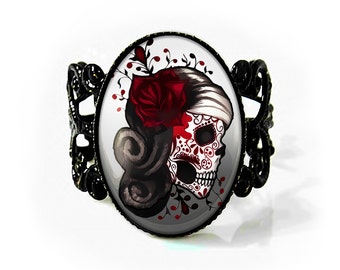 Jet Black Day of the Dead Sugar Skull Girl Adjustable Filigree Ring 73-JBFR