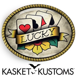 Lucky Tattoo Belt Buckle - Handmade Flash Buckle - Gold or Silver Finish - 754