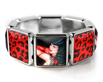 Retro Betty Page Fetish Pin-up Girl Black & Red Leopard Silver Bangle Charm Bracelet SSBB-7