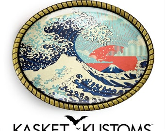 Tsunami Belt Buckle - Stylized Japanese Art Handmade Oval Buckle - 503