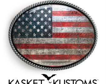 American Flag Belt Buckle - Metal Industrial USA Grunge Silver or Gold Buckle - 380
