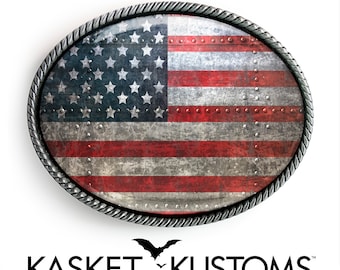 American Flag Belt Buckle - Metal Industrial USA Grunge Silver or Gold Buckle - 380