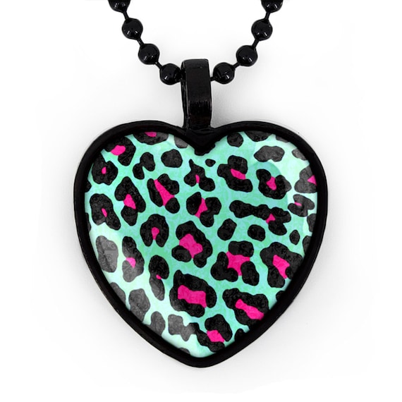 Pink & Teal Leopard Animal Print Black Punk Rock Heart