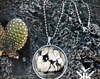 Large Black Cat Pendant -  Gothic Halloween Handmade Silver Necklace - 81-SLRN