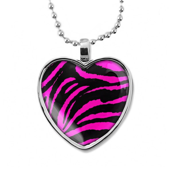 Shiny Silver Pink & Black Zebra Animal Print Glass Heart Pendant Necklace 204-SHN + 24" Inch Chain