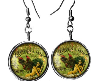 Absinthe Silver Gothic Victorian Green Fairy Glass Dangle Art Nouveau Earrings 273-SLRE