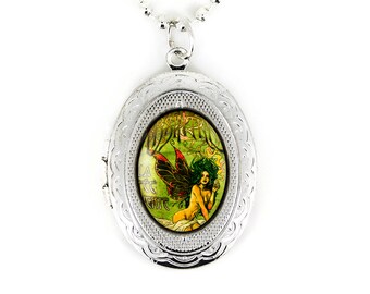 Silver Gothic Victorian Absinthe Green Fairy Glass Art Nouveau Keepsake Locket Necklace 273-SLN + 24" Inch Chain