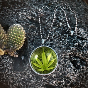 Puede incluir: Un collar de cadena de plata con un colgante redondo que presenta una hoja de marihuana verde en su interior. El colgante está sobre un fondo texturizado gris oscuro.
