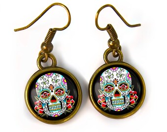 Day of the Dead Earrings - Sugar Skull Glass Horror Halloween Small Earrings - 55