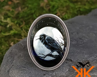 Raven Nevermore Ring - Gothic Crow Handmade Halloween Silver Jewelry - 97-OSSR