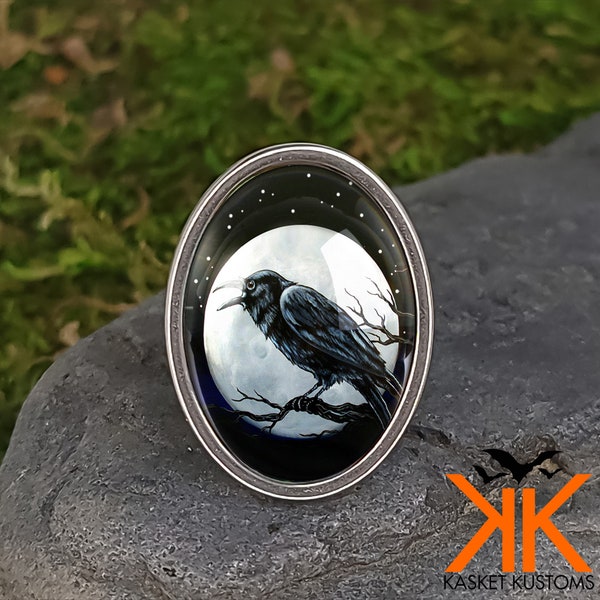 Raven Nevermore Ring - Gothic Crow Handmade Halloween Silver Jewelry - 97-OSSR