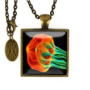 Antique Bronze Beautiful Colorful Salt Water Jellyfish Glass Marine Biology Pendant Necklace 193-BSPN + 24&quot; Inch Chain