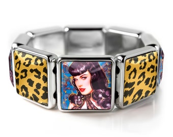 Retro Betty Page Fetish Pin-up Girl Leopard Silver Bangle Charm Bracelet SSBB-24