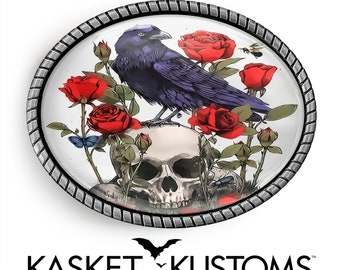 Memento Mori Belt Buckle - Raven and Skull Gothic Silver or Gold Buckle - 122