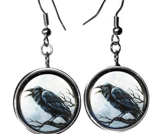 Raven Nevermore Earrings - Halloween Crow Silver Drop Dangle Earrings - 97-SLRE