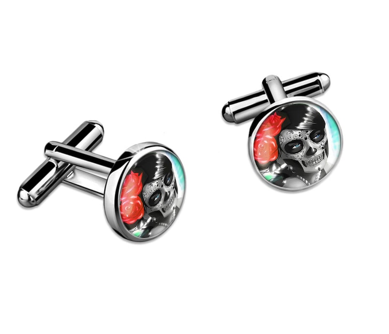 Silver Day of the Dead Sugar Skull Girl Cufflink Set w Box 62-SRC
