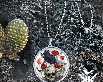 Large Memento Mori Pendant - Raven & Skull Gothic Handmade Silver Necklace -122-SLRN