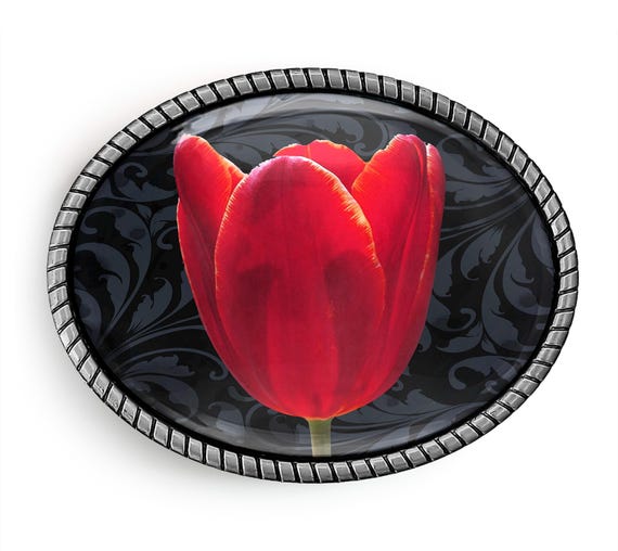 Red Tulip Belt Buckle - Vibrant Flower Demask Floral Pattern  display picture 3