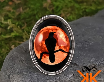 Raven Ring - Full Moon Gothic Crow Handmade Halloween Silver Jewelry - 95-OSSR