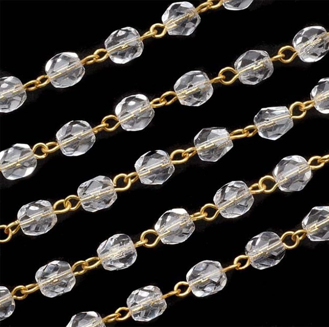 6mm 1' Clear Glass Rosary Gold Chain Beaded Faceted Beads Jewelry