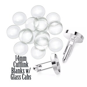 Könnte beinhalten: Ein Set mit 14 mm großen, durchsichtigen Glascabochons für Manschettenknöpfe. Das Set enthält 12 runde Glascabochons und zwei silberne Manschettenknopf-Basen. 14mm Cufflink Blanks w/ Glass Cab.