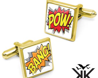 ¡POW! Gemelos de cómic - Ilustración de cómic, plata, oro o bronce, caja de gemelos cuadrados hechos a mano - 292-293-GSC