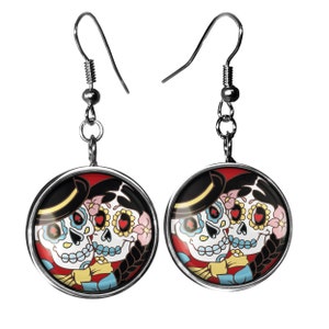 Day of the Dead Wedding Earrings - Bride & Groom Sugar Skull Silver Dangle Earrings - 68-SLRE