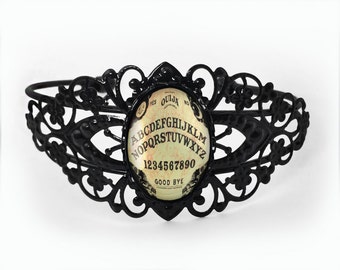 Ouija Board Jet Black Glass Occult Gothic Horror Halloween Filigree Cuff Bracelet