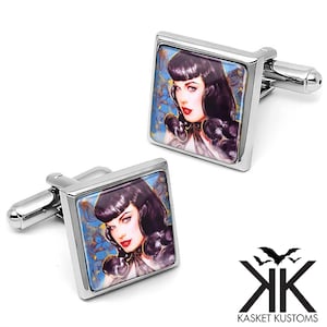 Retro Pin-up Cufflinks - Vintage Burlesque Girl, Silver Gold or Bronze, Handmade Cuff Link Gift Box Set - 260